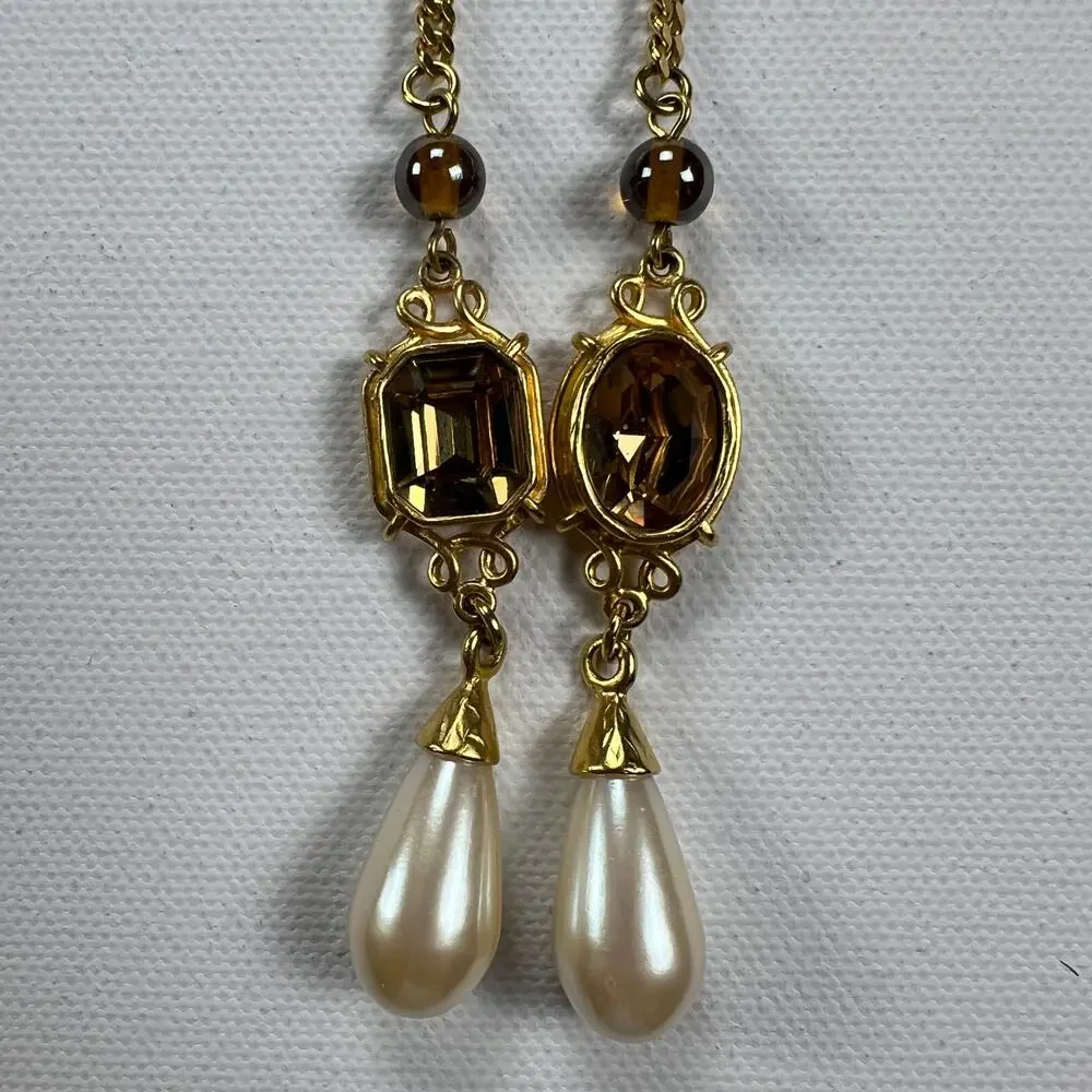 Vintage Gold Tone Lariat Necklace & Clip-On Earring Set Brown Stone Faux Pearl